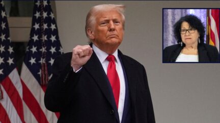 Main: President Donald Trump departs after signing an executive order at an event to announce new tariffs in the Rose Garden of the White House, Wednesday, April 2, 2025, in Washington (AP Photo/Evan Vucci). Inset: Supreme Court Justice Sonia Sotomayor speaks with retired U.S. Appeals Court Judge Thomas Griffith, not shown, during a panel discussion at the winter meeting of the National Governors Association, Feb. 23, 2024 in Washington (AP Photo/Mark Schiefelbein, File).