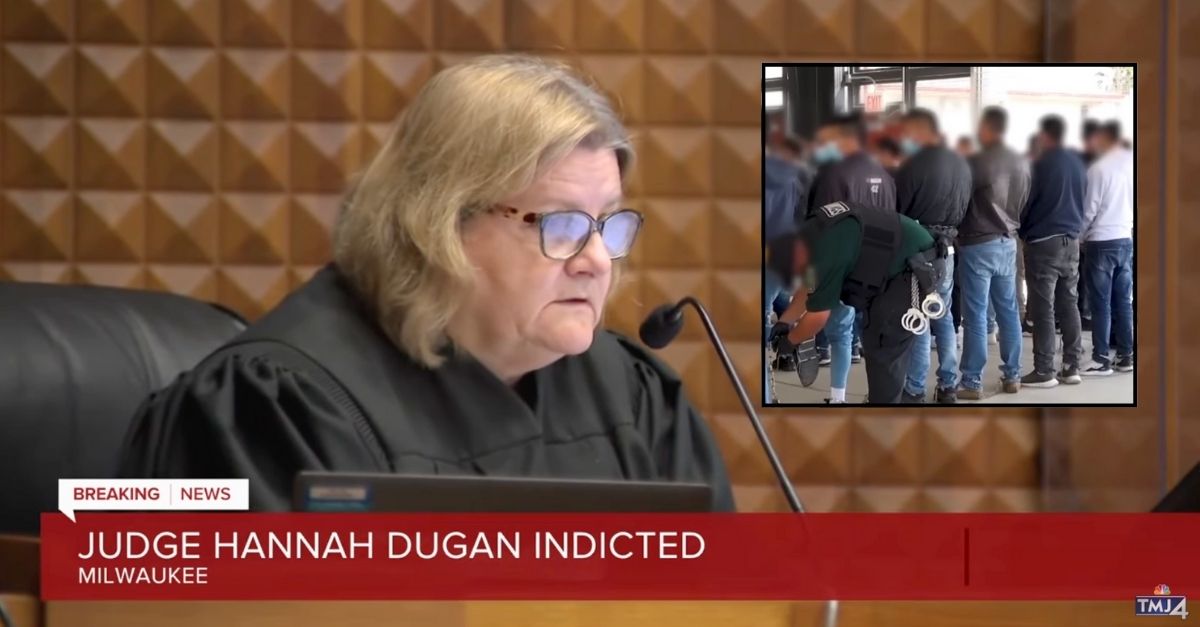  Milwaukee County Judge Hannah Dugan successful  tribunal  (WTMJ/YouTube). Inset: U.S. Immigration and Customs Enforcement conducting a raid (Fox News/YouTube). 