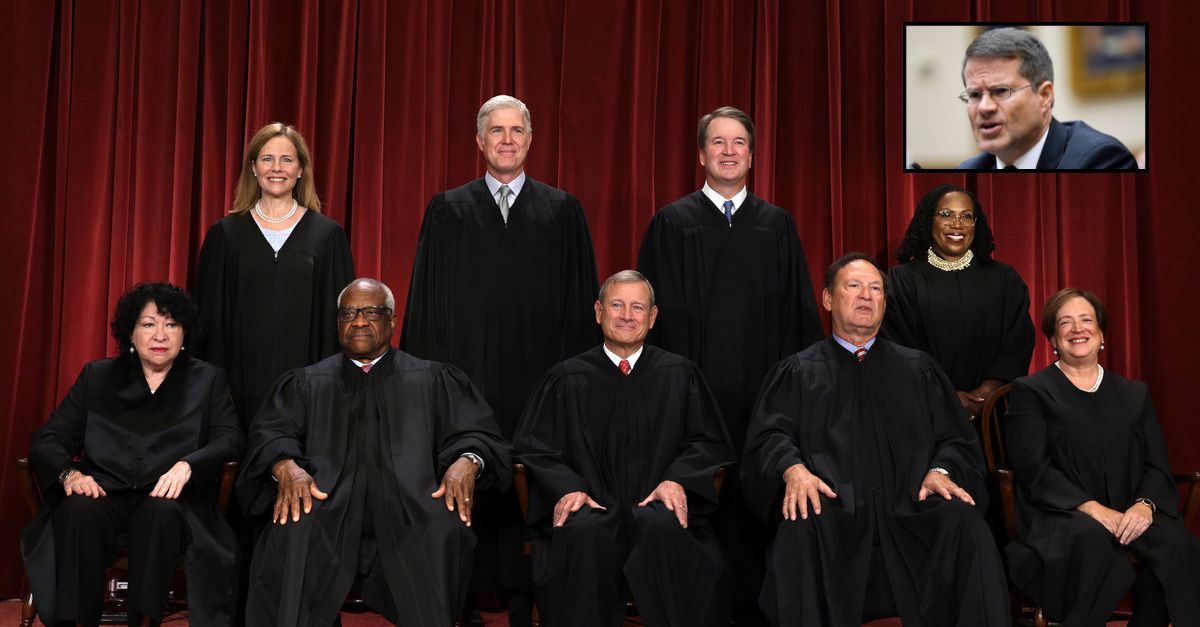 United States Supreme Court (front enactment      L-R) Associate Justice Sonia Sotomayor, Associate Justice Clarence Thomas, Chief Justice of the United States John Roberts, Associate Justice Samuel Alito, and Associate Justice Elena Kagan, (back enactment      L-R) Associate Justice Amy Coney Barrett, Associate Justice Neil Gorsuch, Associate Justice Brett Kavanaugh and Associate Justice Ketanji Brown Jackson airs  for their authoritative  representation    astatine  the East Conference Room of the Supreme Court gathering  connected  October 7, 2022 successful  Washington, DC (Alex Wong/Getty Images). Inset: D. John Sauer, Special Assistant Attorney General with the Louisiana Department of Justice, testifies during a House Judiciary subcommittee proceeding  connected  what Republicans accidental    is the politicization of the FBI and Justice Department and attacks connected  American civilian  liberties connected  Capitol Hill successful  Washington, Thursday, July 20, 2023 (AP Photo/Patrick Semansky). 