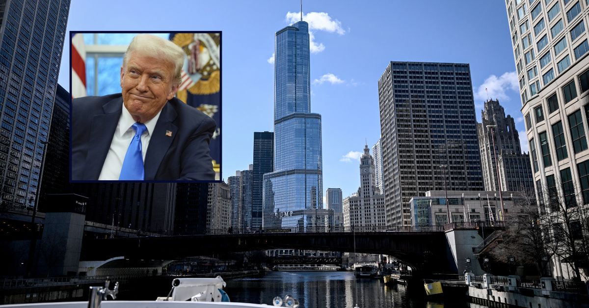 Donald Trump appears inset against an image of the Trump International Hotel & Tower building in Chicago.