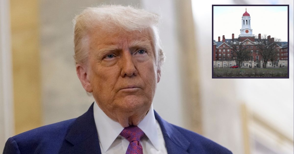 Main: President Donald Trump speaks to reporters as he arrives for a meeting with the House Republican Conference at the Capitol, Tuesday, May 20, 2025, in Washington (AP Photo/Rod Lamkey, Jr.). Inset: CAMBRIDGE, MA - April 15: A general view of Dunster House on April 15, 2025, at Harvard University in Cambridge, MA (Photo by Erica Denhoff/Icon Sportswire) (Icon Sportswire via AP Images).