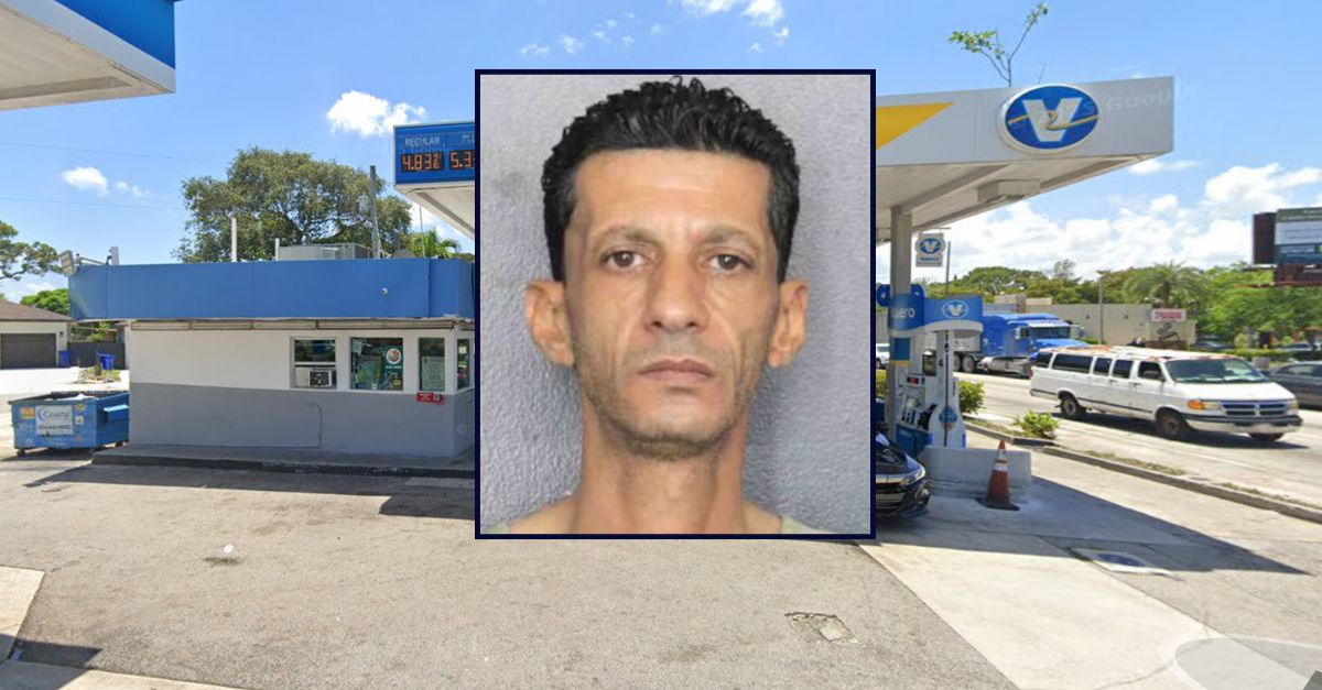 Abdulla Monther inset against an image of a gas station in Florida.