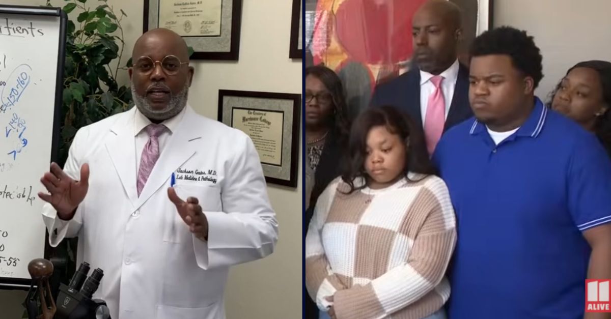 Left: Dr. Jackson Gates (YouTube/The Institute of Pathology and Laboratory Medical Science). Right: Jessica Ross, left, in brown and white sweater, and Traveon Taylor, right, in blue shirt, at a press conference (YouTube/WXIA).