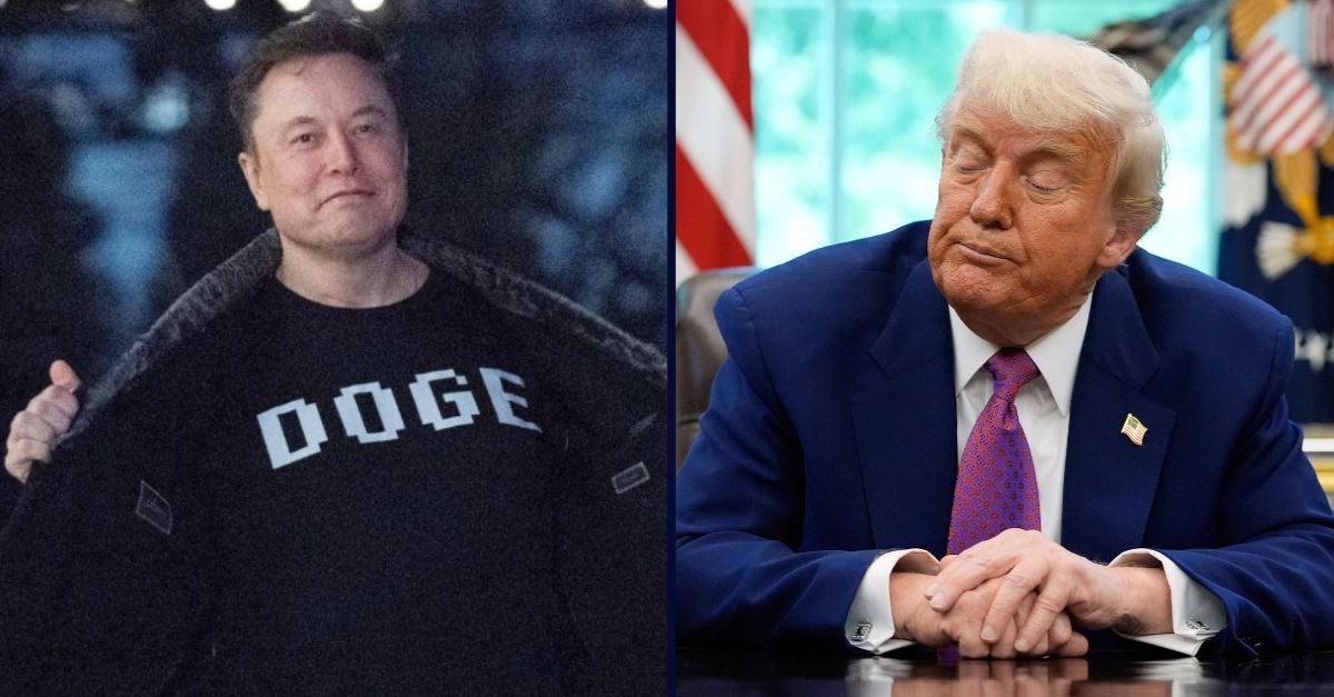 Left: Elon Musk flashes his T-shirt that reads "DOGE" to the media as he walks on South Lawn of the White House, in Washington, Sunday, March 9, 2025 (AP Photo/Jose Luis Magana). Right: President Donald Trump pauses as he speaks in the Oval Office of the White House, Tuesday, May 20, 2025, in Washington (AP Photo/Alex Brandon).