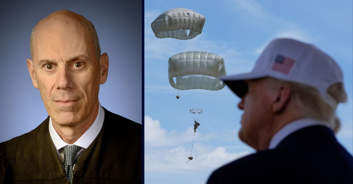 Left: Chief U.S. District Judge James Boasberg (U.S. District Courts). Right: President Donald Trump observes military demonstrations at Fort Bragg, Tuesday, June 10, 2025, in Fort Bragg, N.C. (AP Photo/Alex Brandon)