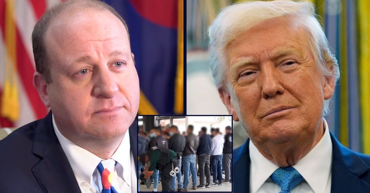 Left: Jared Polis in an interview with "Next 9News" in Jan. 2025 (9News/YouTube). Center: U.S. Immigration and Customs Enforcement conducting a raid (Fox News/YouTube). Right: President Donald Trump watches as Treasury Secretary Scott Bessent participates in a ceremonial swearing in of Paul Atkins as chairman of the Securities and Exchange Commission, in the Oval Office of the White House, Tuesday, April 22, 2025, in Washington (AP Photo/Alex Brandon).