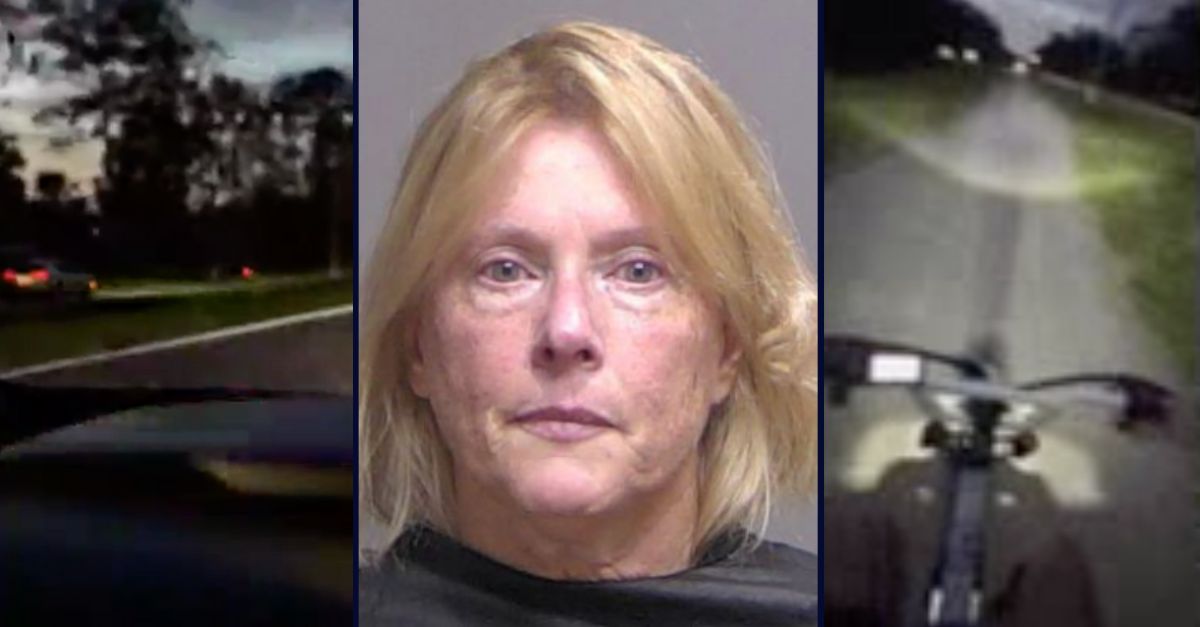 Julia Kalthof appears in a booking photo flanked by two images of an SUV chasing a boy on an e-bike.