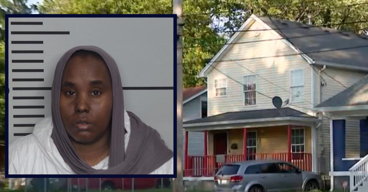 Inset: Zeinab Abdi (Louisville Metro Detention Center). Background: The home where Abdi allegedly tried to kill her 6-year-old daughter (WLKY).