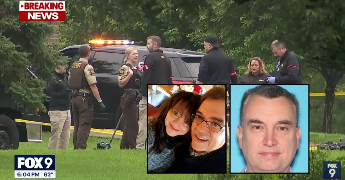 Left inset: Minnesota Sen. John Hoffman and his wife Yvette Hoffman (Facebook). Right inset: Shooting suspect Vance Boetler (Minnesota Department of Public Safety). Background: Law enforcement at the home of Minnesota Rep. Melissa Hortman, who was also killed Saturday, June 14, 2025, after the Hoffman shooting, along with her husband (KMSP/YouTube).
