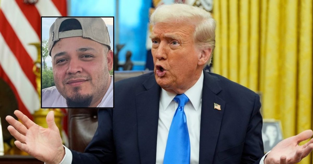 Inset: Kilmar Abrego Garcia in an undated photo (CASA). Background: President Donald Trump speaks with reporters in the Oval Office at the White House, Tuesday, Feb. 11, 2025, in Washington, D.C. (Photo/Alex Brandon).