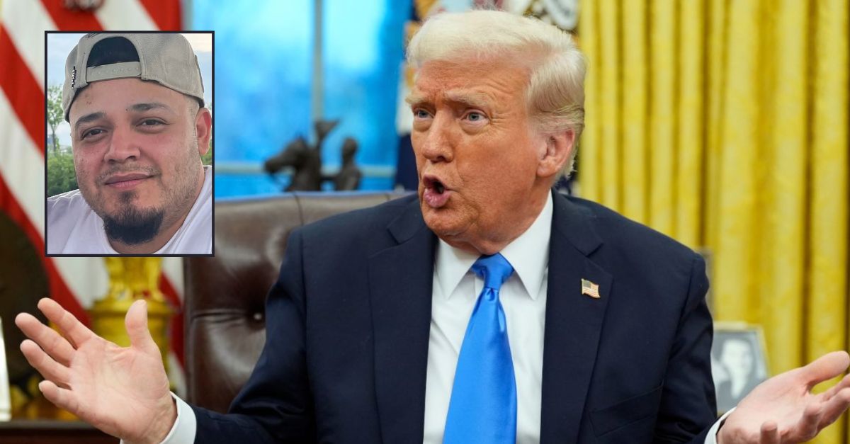 Inset: Kilmar Abrego Garcia in an undated photo (CASA). Background: President Donald Trump speaks with reporters in the Oval Office at the White House, Tuesday, Feb. 11, 2025, in Washington, D.C. (Photo/Alex Brandon).