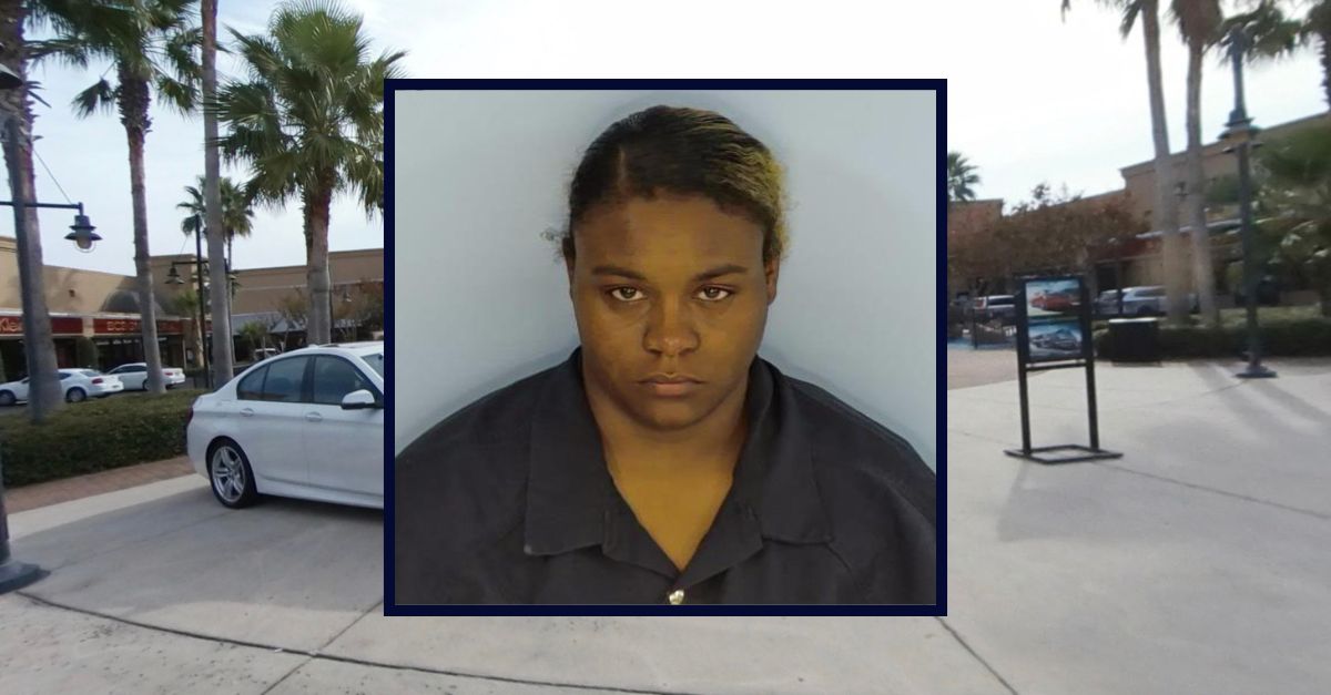 Inset: Danielle Bryant (Walton County Jail). Background: The outlet mall where her 3-year-old was brought after she allegedly left him alone at a nearby playground (Google Maps).
