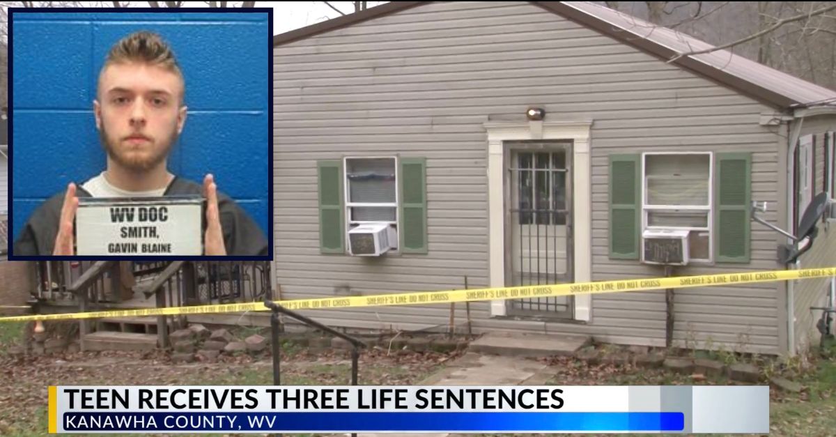 Inset: Gavin Smith (West Virginia Dept. of Corrections). Background: The home where Smith allegedly killed four family members in 2020 (WOWK).