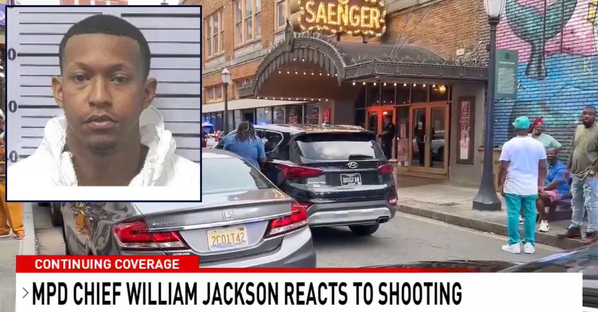 Inset: Marcus Sanders (Metro Jail). Background: The Saenger Theatre in Mobile, Alabama where Sanders allegedly killed a man during a children