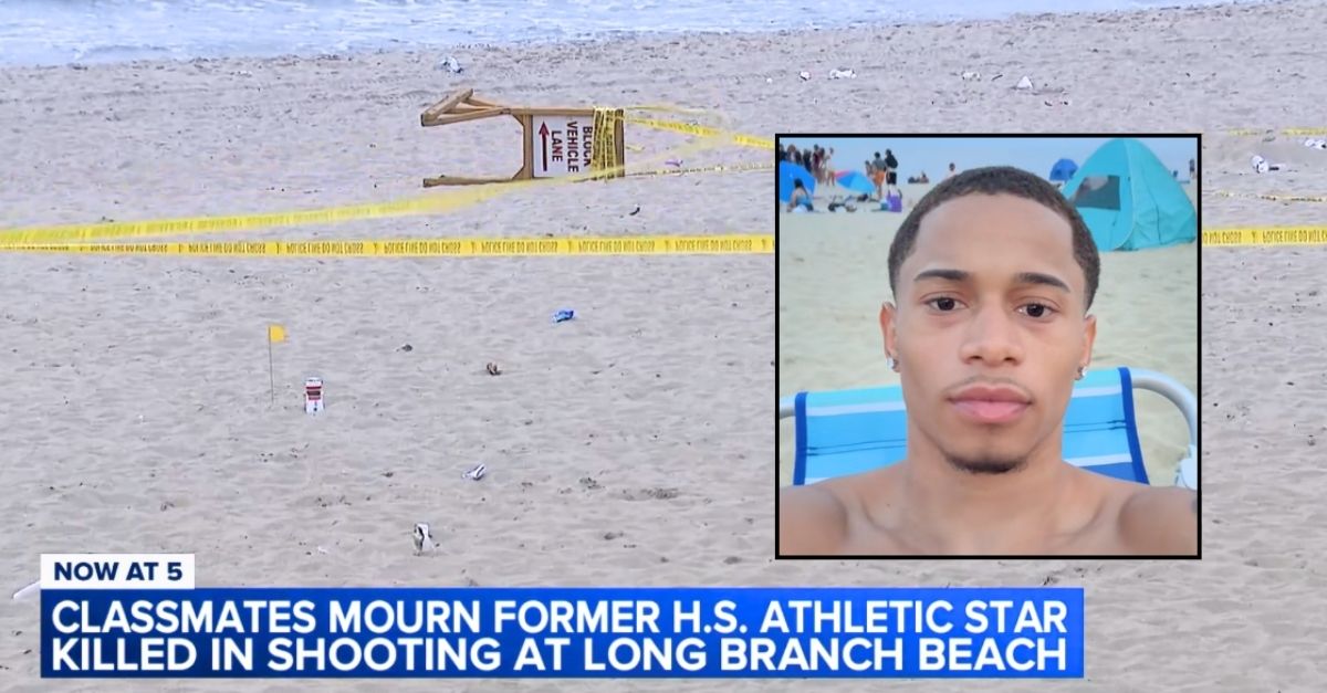 Inset: Chrystofer Whyte taking a selfie video on the same beach in Long Branch, N.J., where he was gunned down last month (Chrystofer A. Whyte/TikTok). The shooting scene where Chrystofer Whyte was gunned down in Long Branch, N.J., on June 12, 2025 (WABC/YouTube).