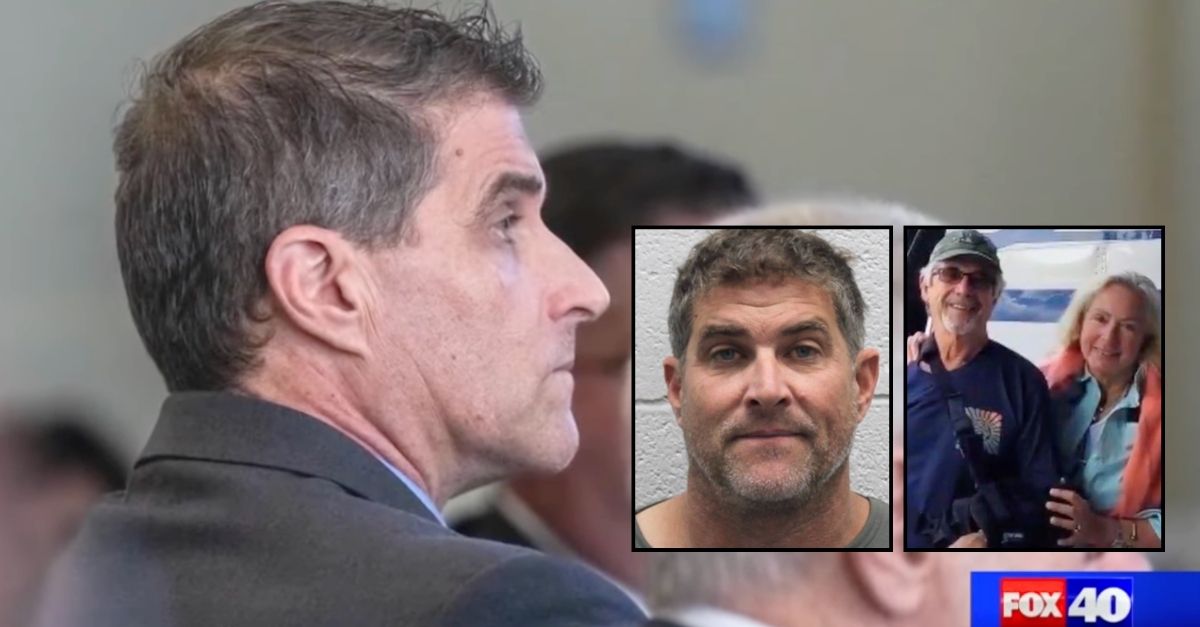 Backround: Daniel Serafini in court during his six-week trial in Placer County, Calif. (KTXL/YouTube). Left inset: Daniel Serafini (Humboldt County). Right inset: Robert Spohr and Wendy Wood (KXTL/YouTube).