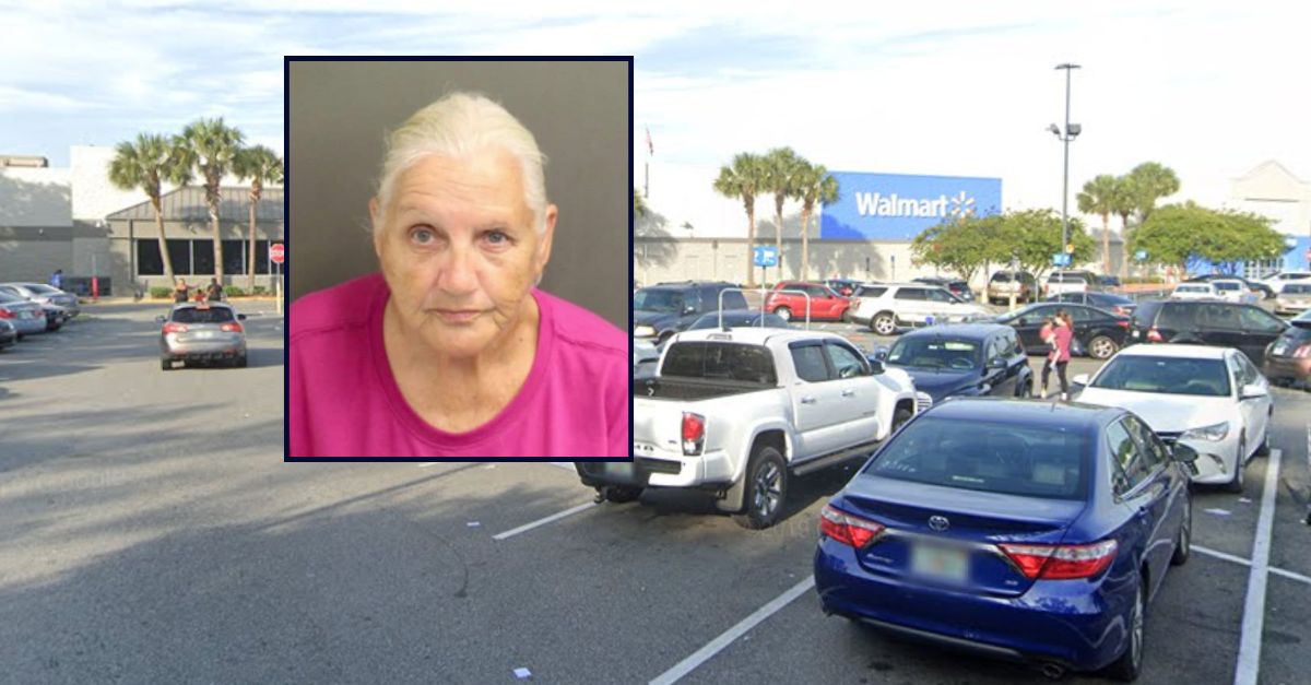 Linda Frenier appears inset against an image of a Walmart in Florida.