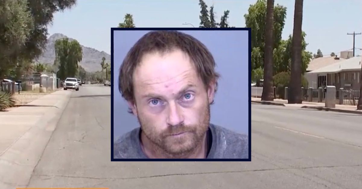 Inset: Timothy James Wood (Maricopa County Jail). Background: The area in Arizona where Wood allegedly imprisoned his girlfriend in a shed for two weeks (KSAZ).