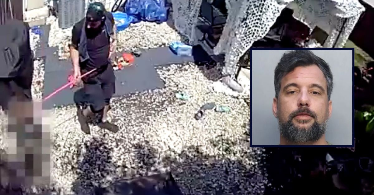 Inset: Zachary Perez (Turner Guilford Knight Correctional Center). Background: Perez allegedly walking his stepson around the yard in a dog collar (Miami-Dade SAO).