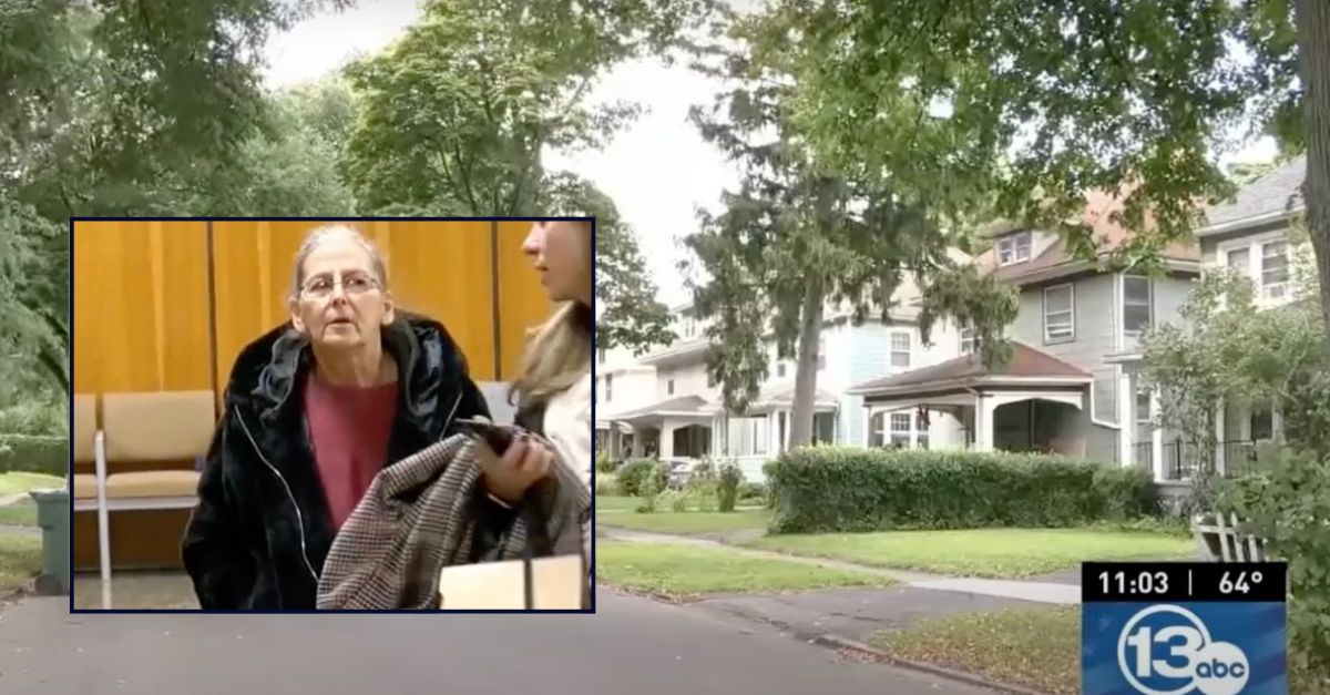 Inset: Wendy Stone leaving federal court in Monroe County, New York in November 2024 (WHAM). Background: the home where Stone hid her boyfriend