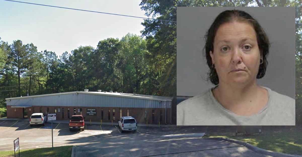 Inset: Katherine Crosby (Tyler County Jail). Background: The Child Protective Services office in Tyler County, Texas (Google Maps).