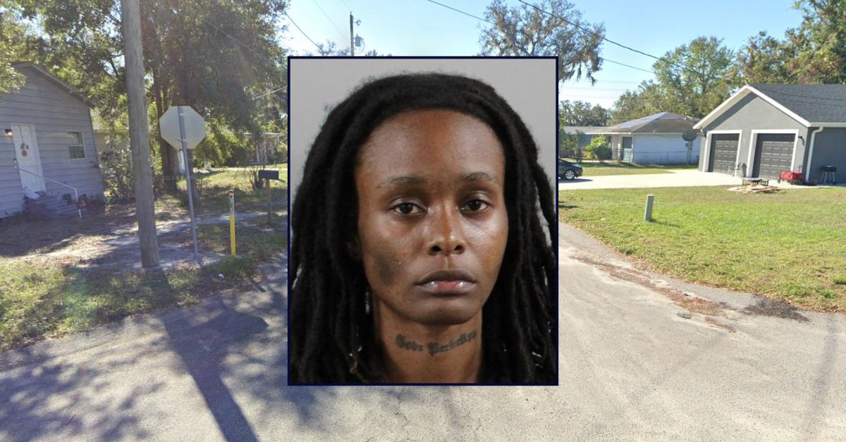 Inset: Anaya Durandisse Williams (PCSO). Background: The block in Fort Meade, Florida where Williams allegedly tried to kill a woman over bed sheets (Google Maps).