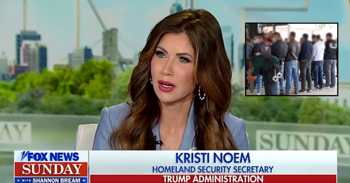 Background: Homeland Security Secretary Kristi Noem speaking to Fox News Sunday on July 13, 2025 (Fox News /YouTube). Inset: U.S. Immigration and Customs Enforcement conducting a raid (Fox News/YouTube).
