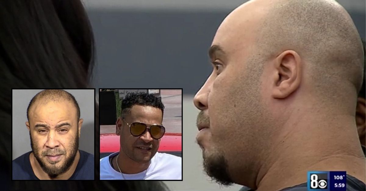 Background: Robert Salone at his sentencing Tuesday, July 15, 2025, in Clark County, Nev. (KLAS/YouTube). Left inset: Robert Salone (Las Vegas Metropolitan Police Department). Right inset: Christopher Allen (Facebook). 
