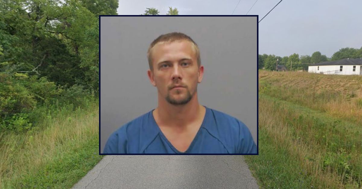 Seth Schlueter appears inset against an image of a rural lane near where a road rage incident took a violent turn in Ohio.