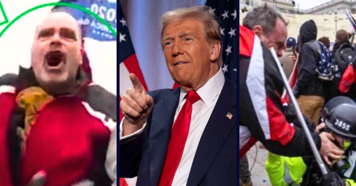 Left: Thomas Webster allegedly preparing to strike a police officer using a flagpole during the Jan. 6 attack (FBI). Center: President-elect Donald Trump arrives to speak at a meeting of the House GOP conference, Wednesday, Nov. 13, 2024, in Washington. (AP Photo/Alex Brandon). Right: Thomas Webster allegedly trying to remove a police officer
