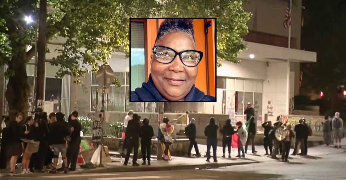 Background: Protesters outside an ICE facility in Portland, Ore., that are causing "constant" noise, according to resident Cloud Elvengrail, who lives nearby and is suing (KGW/YouTube). Inset: Cloud Elvengrail (X).