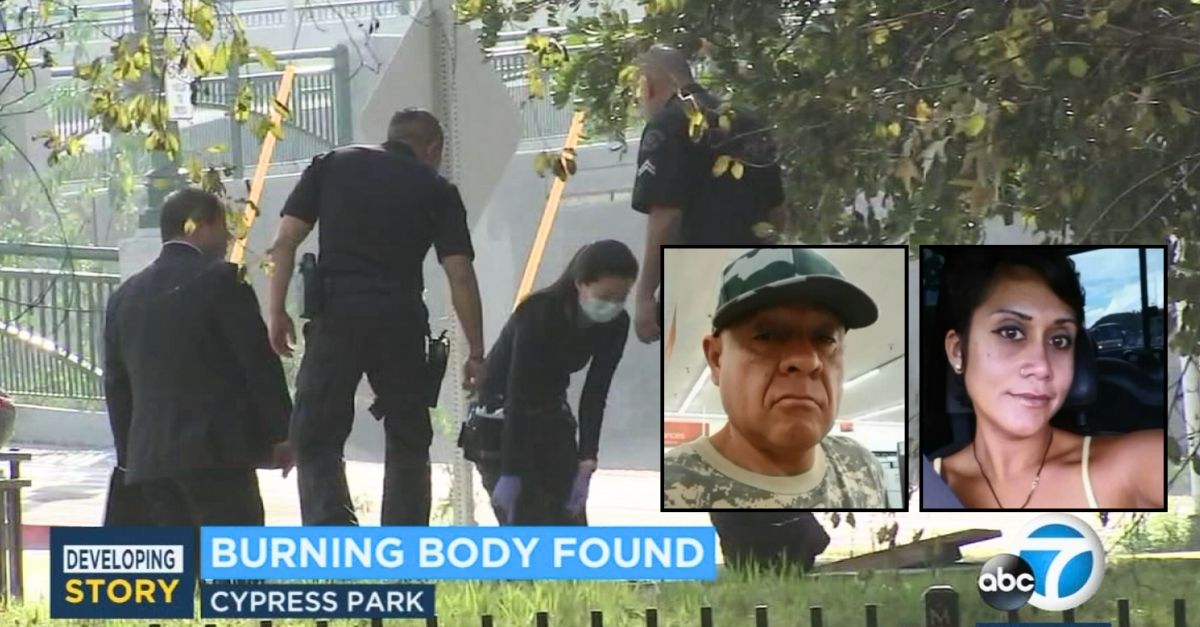Background: Authorities at the Home Depot in Cypress Park, Calif., where Valentino Gutierrez allegedly set fire to a suitcase containing his wife