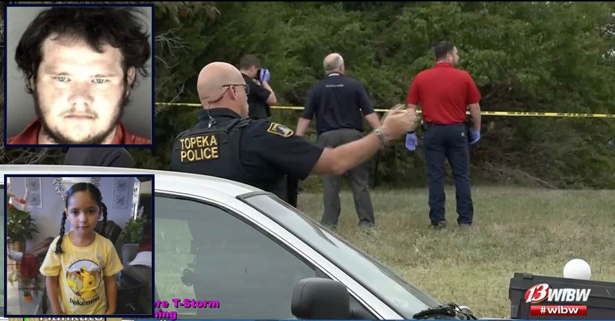 Inset, left to right: Michel Wayne Cherry (Shawnee County Jail) and Zoey Felix (WIBW). Background: Police at the scene where Cherry killed Zoey (WIBW).