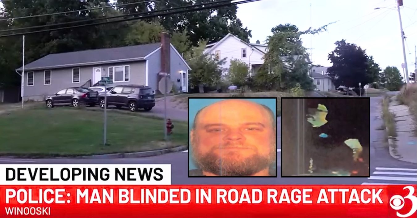 Left inset: Aaron Williams. Right inset: Footage obtained from a dash cam that allegedly shows Aaron Williams before his road rage attack (Winooski Police/WCAX/YouTube). Background: The area near Malletts Bay Avenue in Winooski, Vt., where cops say Aaron Williams nearly gouged a man