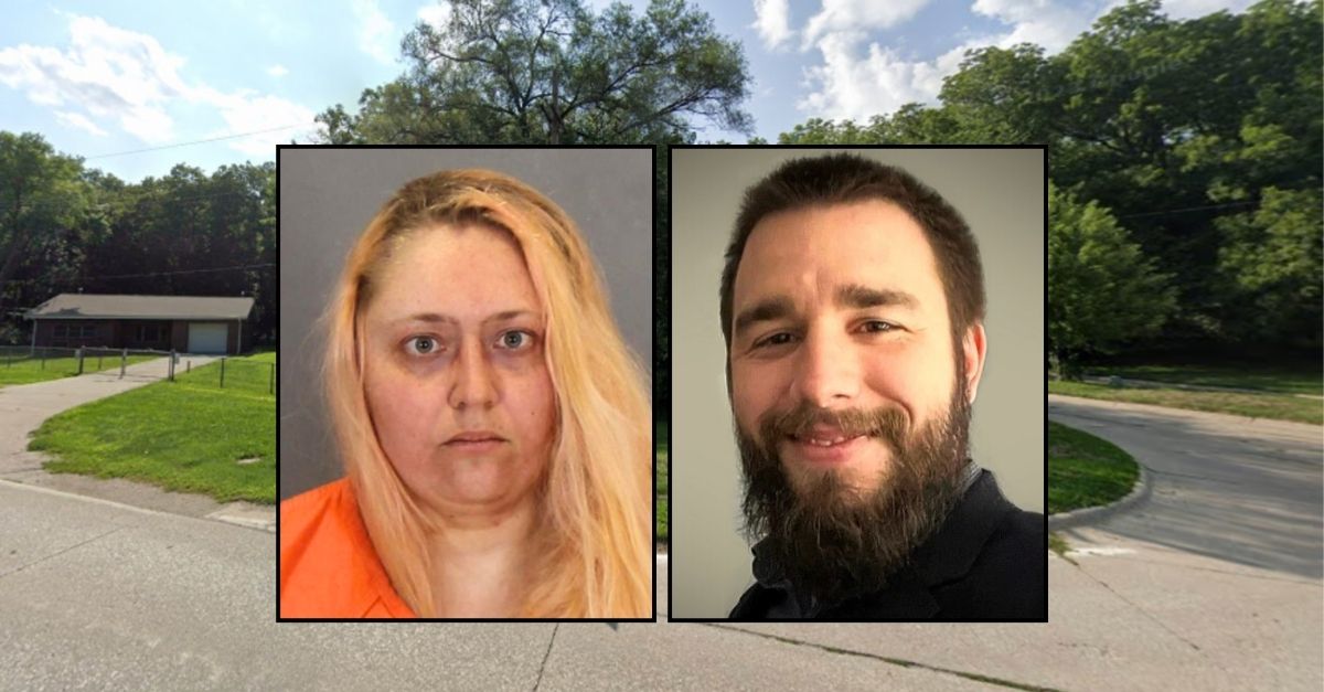 Left inset: Alyssa Roman (Omaha Police Department). Right inset: Alan Critser (Meredith - Clark Funeral Home). Background: The area near Hanover Circle and Mormon Bridge Road in Omaha, Neb., where Alyssa Roman shot and killed Alan Critser in 2023 (Google Maps).