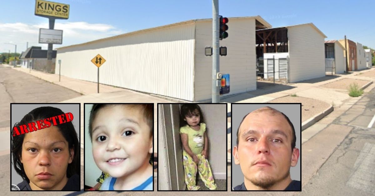 Insets: Corena Minjarez, Jesus Dominguez Jr., Yesenia Dominguez and Jesus Dominguez (Pueblo Police Department). Background The storage facility in Pueblo, Colo., where Yesenia Dominguez was found dead after allegedly being killed by Corena Minjarez (Google Maps).