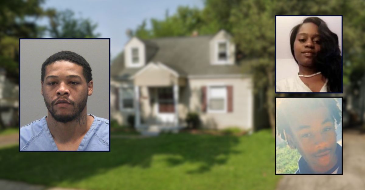 Inset left: Nicole Cunigan. Inset top right: Precious Taste. Inset bottom right: Deante Johnson. All three images appear against an image of the house where Cunigan shot and killed Taste and Johnson.