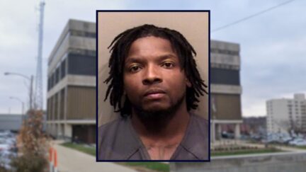 Inset: Emerson Evans of Normal, Ill. (Bloomington Police). Background: The McLean County (Ill.) Law and Justice Center (Google Maps).
