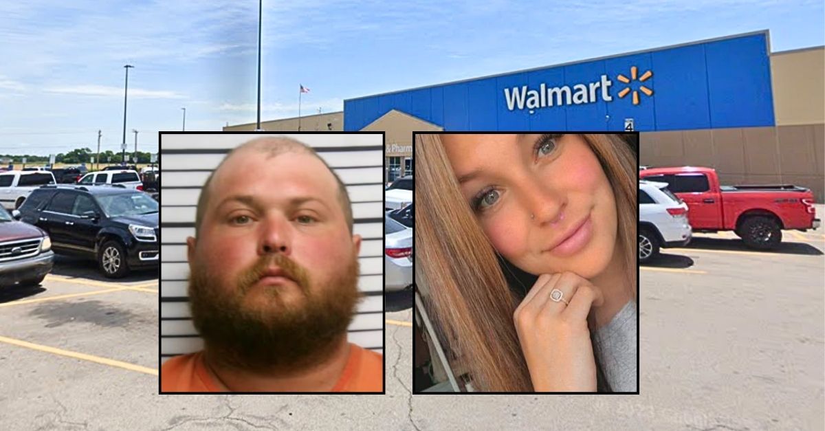 Left inset: Kyle Shackleford (Garvin County Jail). Right inset: Rylee Shackleford (Winans Funeral Home). Background: The Walmart in Pauls Valley, Okla., where cops first encountered Kyle Shackleford after he allegedly gunned down his wife Rylee Shackleford on May 26, 2025 (Google Maps).