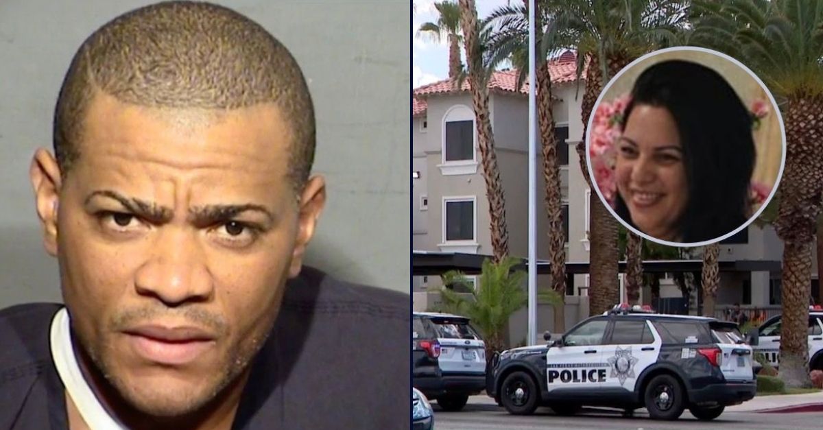 Left: Roidan Durruthy-Mendoza (LVMPD). Right, inset: Marillorky Tamayo-Cruz (KSVN). Right, background: The apartment complex where Durruthy-Mendoza killed Tamayo-Cruz(KSNV).