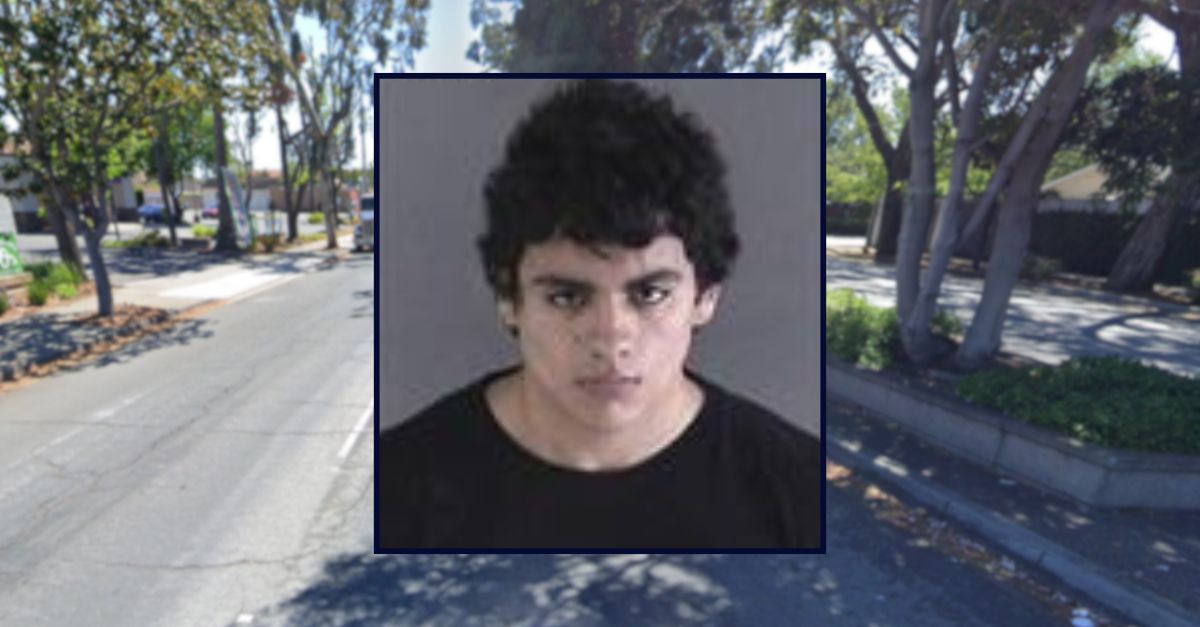Inset: Luis McLaughlin Jr. (Newark Police Department). Background: Thornton Avenue in Newark, California, where McLaughlin allegedly stabbed a man (Google Maps).