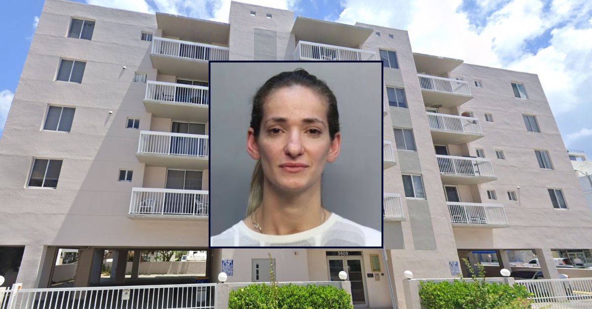 Miriam Shvetz appears in a booking photo inset against an image of her condo building.