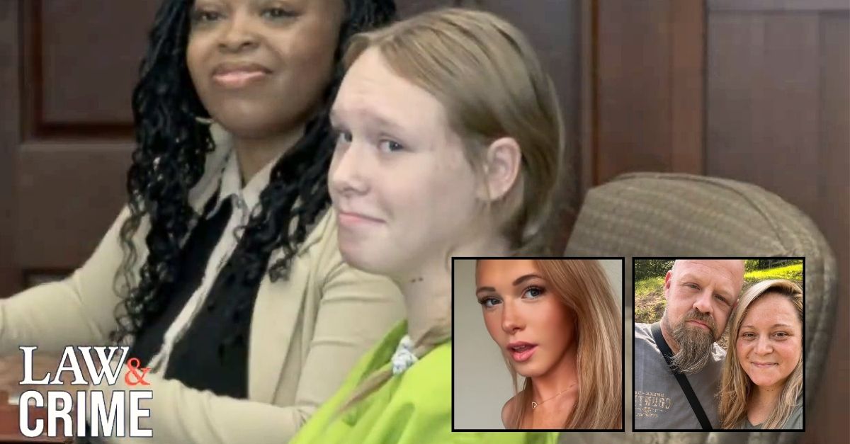 Background: Sarah Patrick in court on Tuesday, Aug. 19, 2025, in Carroll County, Ga., for a bond hearing (Law&Crime Network). Left inset: Sarah Patrick in a TikTok video that she allegedly posted on June 27, 2025, just days before she was charged with murder for the deaths of her mother and stepfather (@sgrace04282/TikTok). Right inset: James Brock and Kristin Brock (Facebook).
