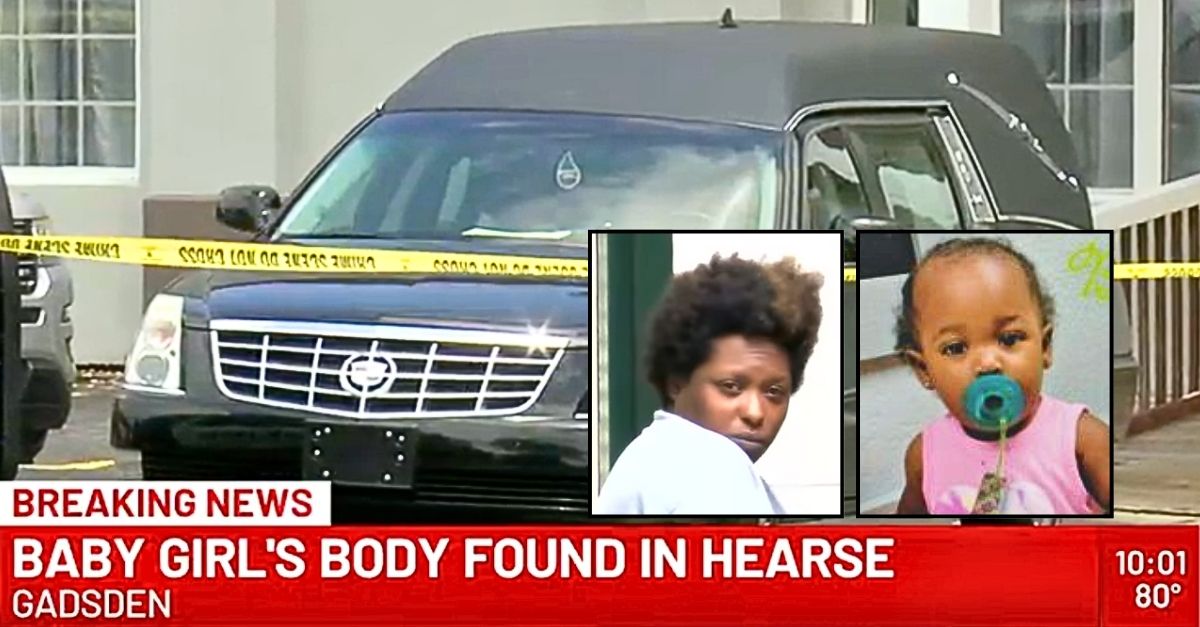 Left inset: Terica Pearl being led into court by police in Etoway County, Ga. (WBRC). Right inset: Blessence Pearl (West Gadsden Funeral Home). Background: The hearse at the West Gadsden Funeral Home in Gadsden, Ala., where Terica Pearl allegedly discarded 1-year-old Blessence Pearl (WBRC).