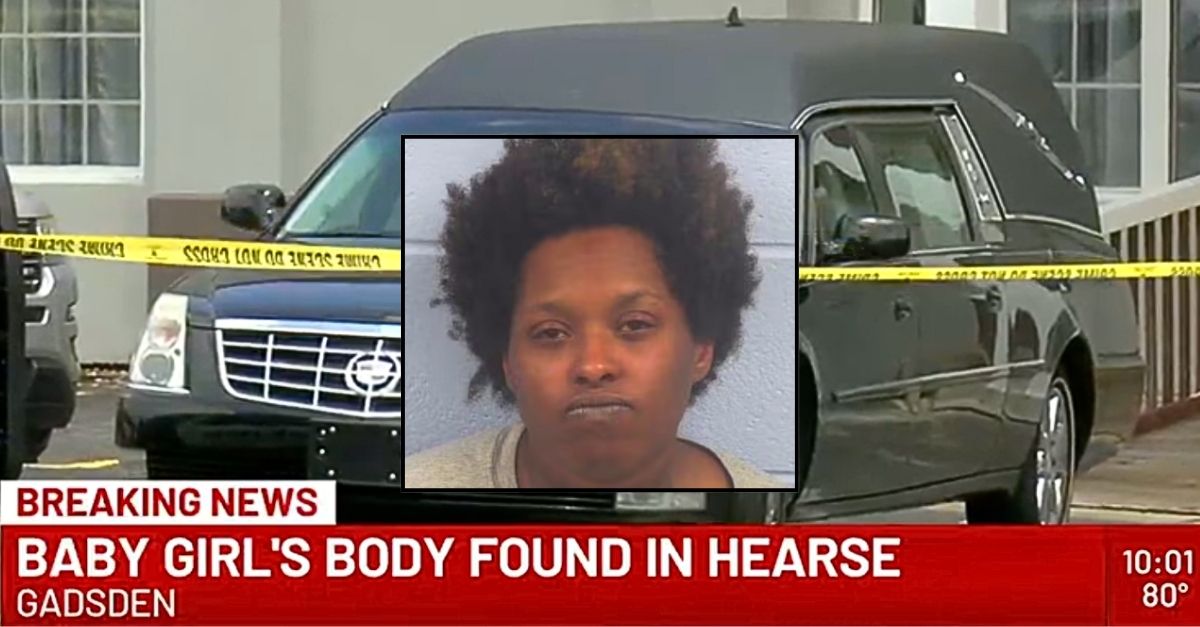 Inset: Terica Pearl (Etowah County Jail). Background: The hearse at the West Gadsden Funeral Home in Gadsden, Ala., where Terica Pearl allegedly discarded a dead baby (WBRC). 