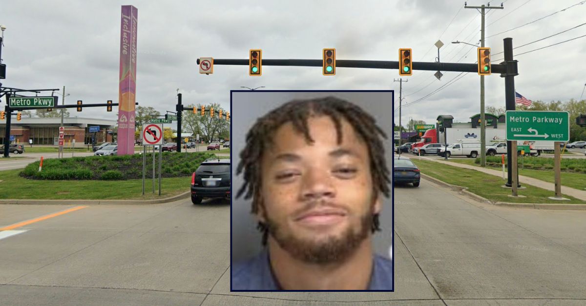Travion Twon-Deangelo Smith appears in a booking photo inset against an image of the intersection where he caused a fatal crash in Michigan.