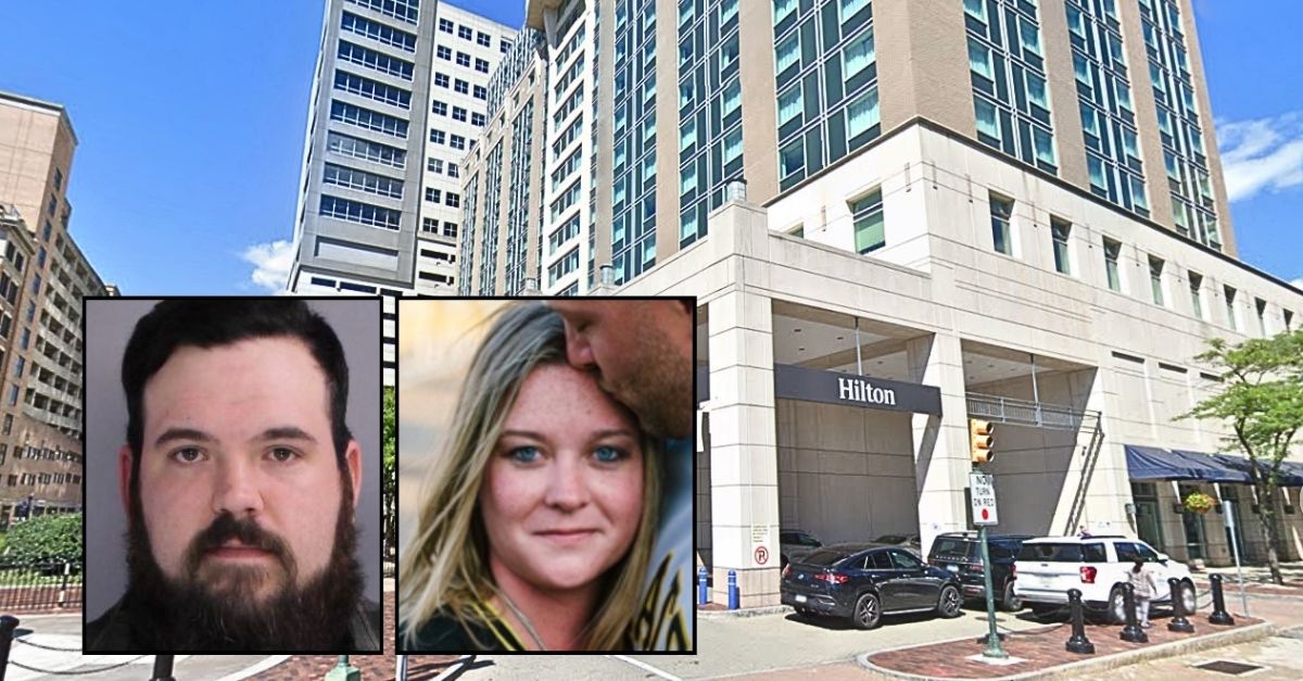 Left inset: Travis Collins (Harrisburg Bureau of Police/CRIMEWATCH). Right inset: Ashley Sarazen (Siwicki - Yanicko Funeral Home). Background: The Harrisburg Hilton on Second Street in Harrisburg, Pa., where Travis Collins allegedly beat Ashley Sarazen to death (Google Maps).