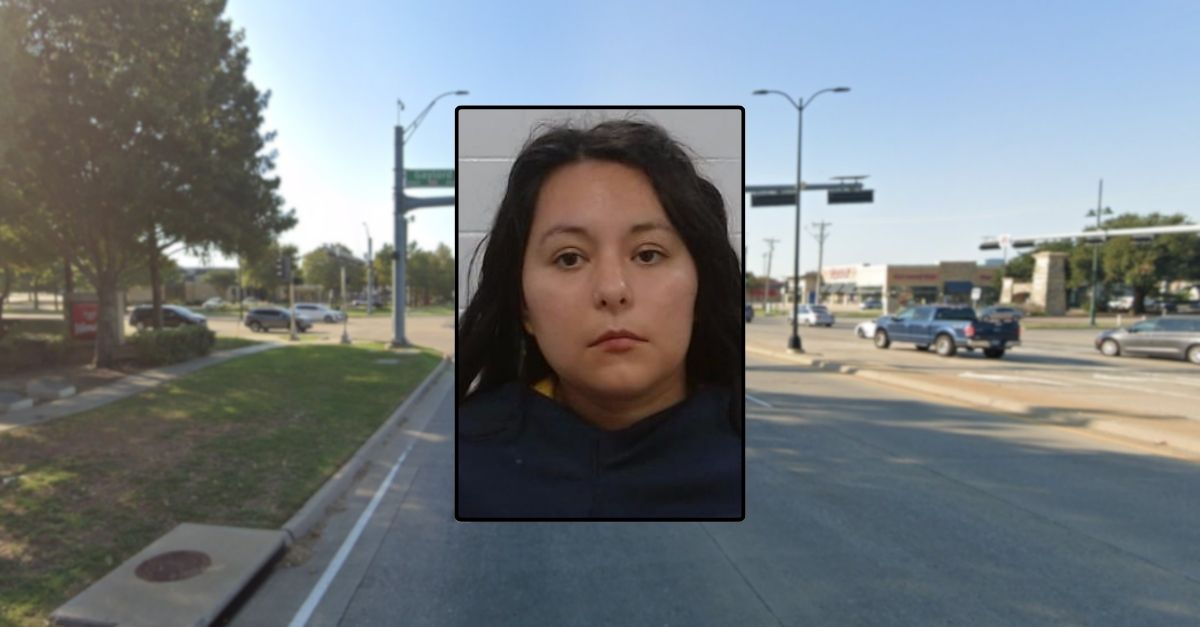 Background: 3200 block of Preston Rd. in Frisco, Texas (Google Maps). Inset: Vanessa Esquivel (Collin County (Texas) Jail).