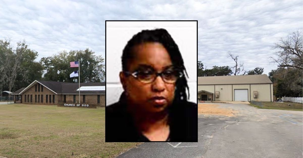 Inset: Yvette Thurston (City of Bainbridge Public Safety). Background: The Little Blessings Child Care facility at the Bainbridge Church of God in Decatur County, Ga., where a 1-year-old boy was allegedly assaulted by daycare worker Yvette Thurston (Google Maps).