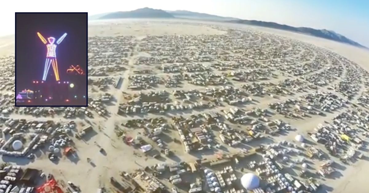 Background: Tents are set up across the playa in the Nevada desert for the annual Burning Man festival (YouTube/Burning Man Project). Inset: The "Burning Man" statue (YouTube/Burning Man Project).